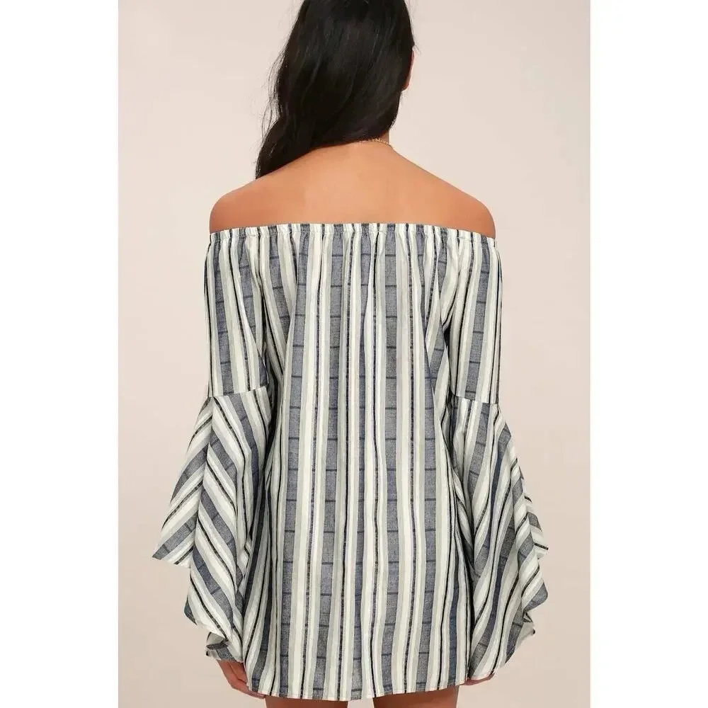 Lulu's Along the Tides Navy Blue Striped Off the Shoulder Boho Dress Size Medium - Picture 3 of 11